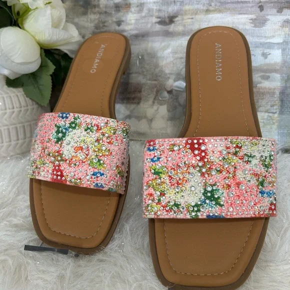 Embellished Pink Floral Slide Sandals - Picture 4 of 6